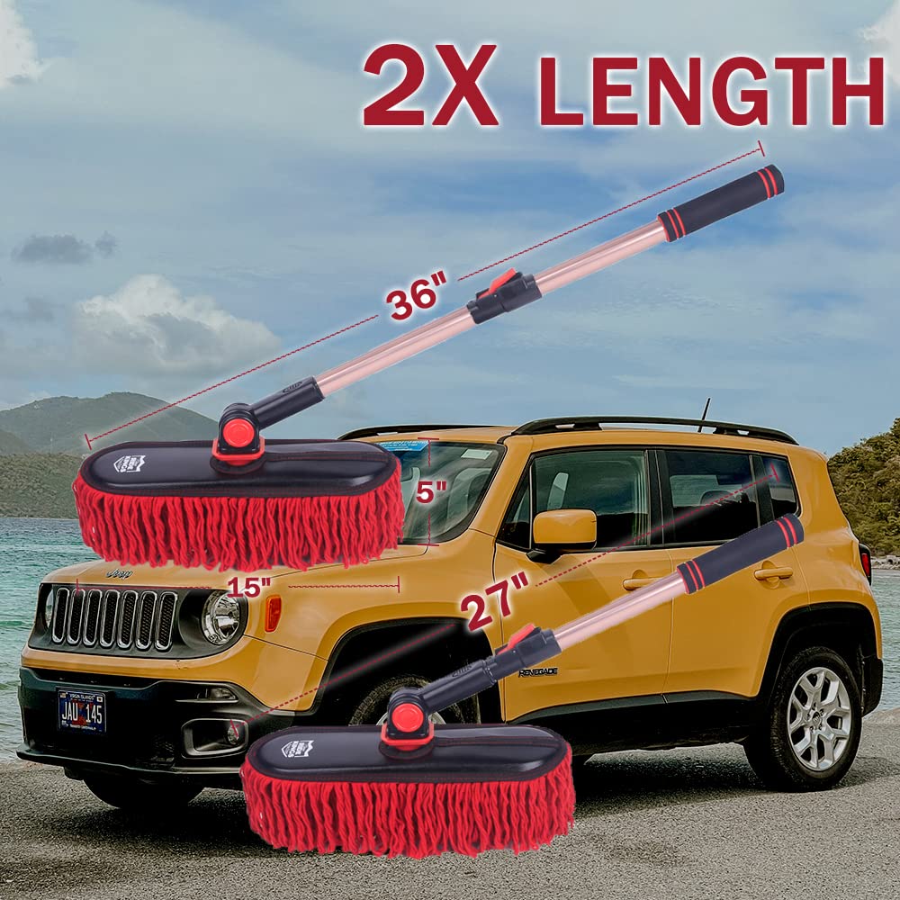 RIDE KINGS Car Duster Exterior Scratch Free,Car Dust Brush with Extendable Telescoping Handle to Remove Dust Pollen,Duster for Car,Truck,RV and Motorcycle,Large Auto Mop Duster Head, Wax Cotton Hair
