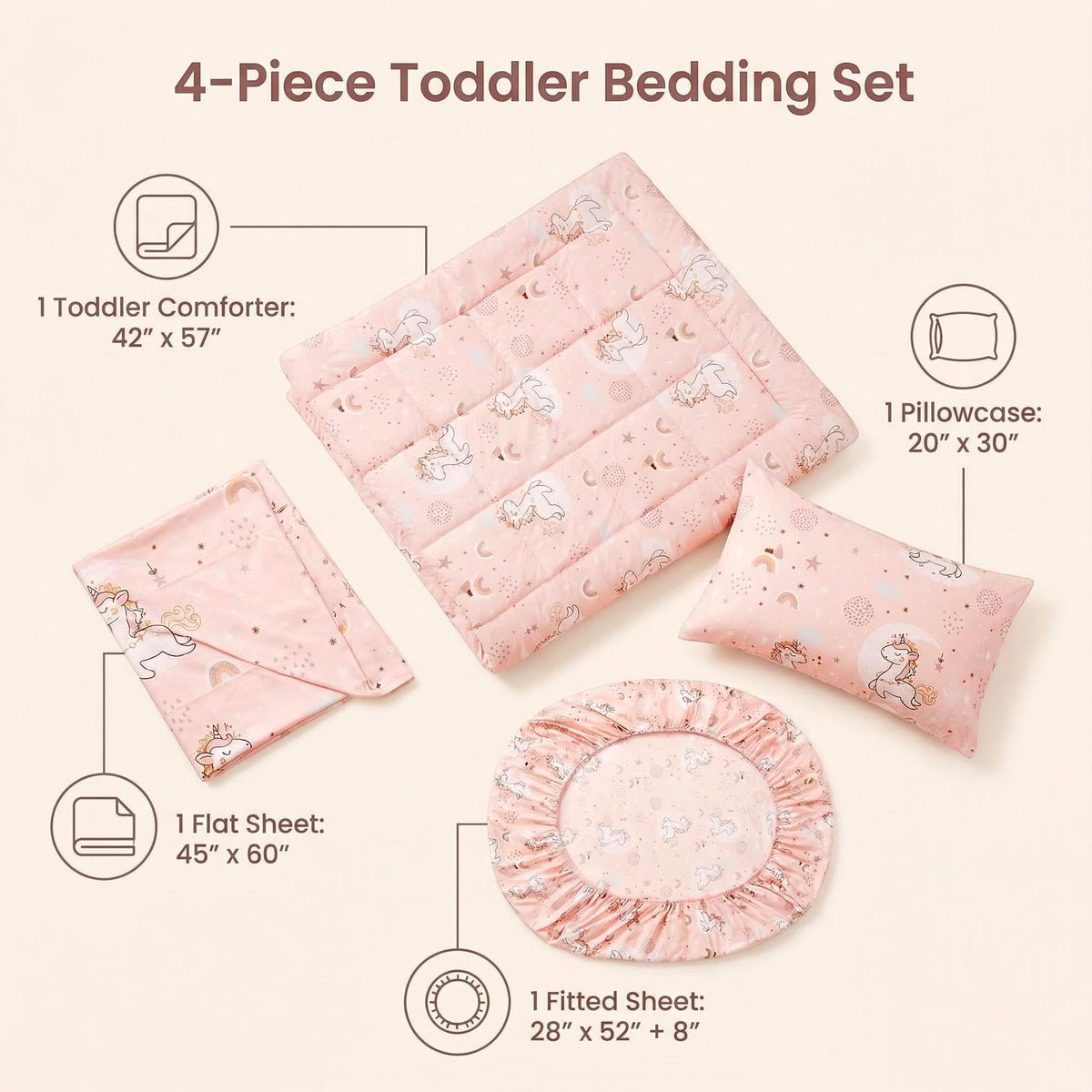 JSD Pink Unicorn 4 Piece Toddler Bedding Set, Girls Printed Microfiber Comforter Set, Includes Flat Sheet, Fitted Sheet, Quilted Comforter and Pillowcase