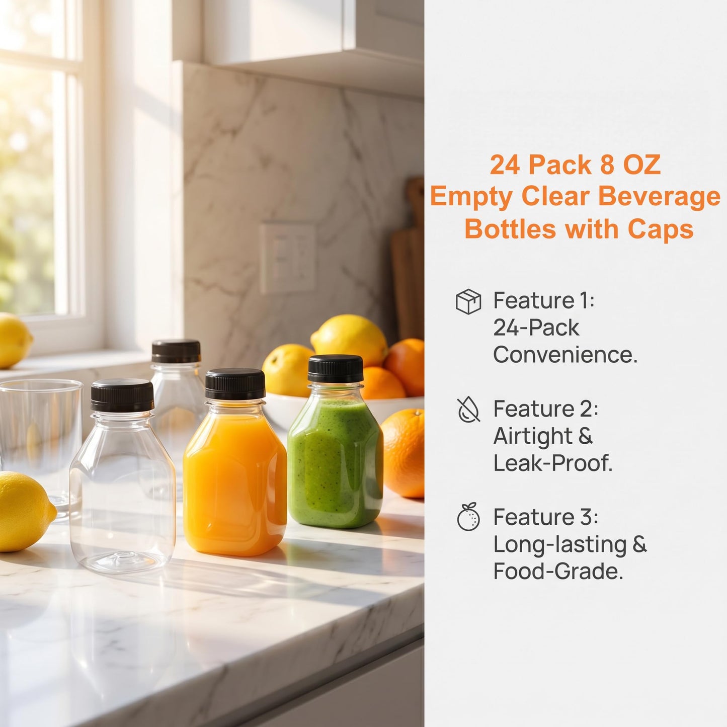 DEAYOU 24 Pack Mini Plastic Juice Bottles, 8 OZ Empty Clear Beverage Bottles with Caps, Small Reusable Drink Container with Tamper Evident Lid for Take Out, Milk, Smoothie, Juicing, Tea, Cold Drinks