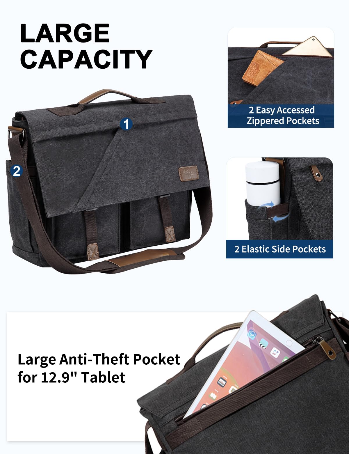 Messenger Bag for Men Women，Kasqo 15.6 Inch Large Canvas Laptop Bag Water Resistant Shoulder Bag Satchel Computer Briefcase for Office Business Travel School Dark Gray
