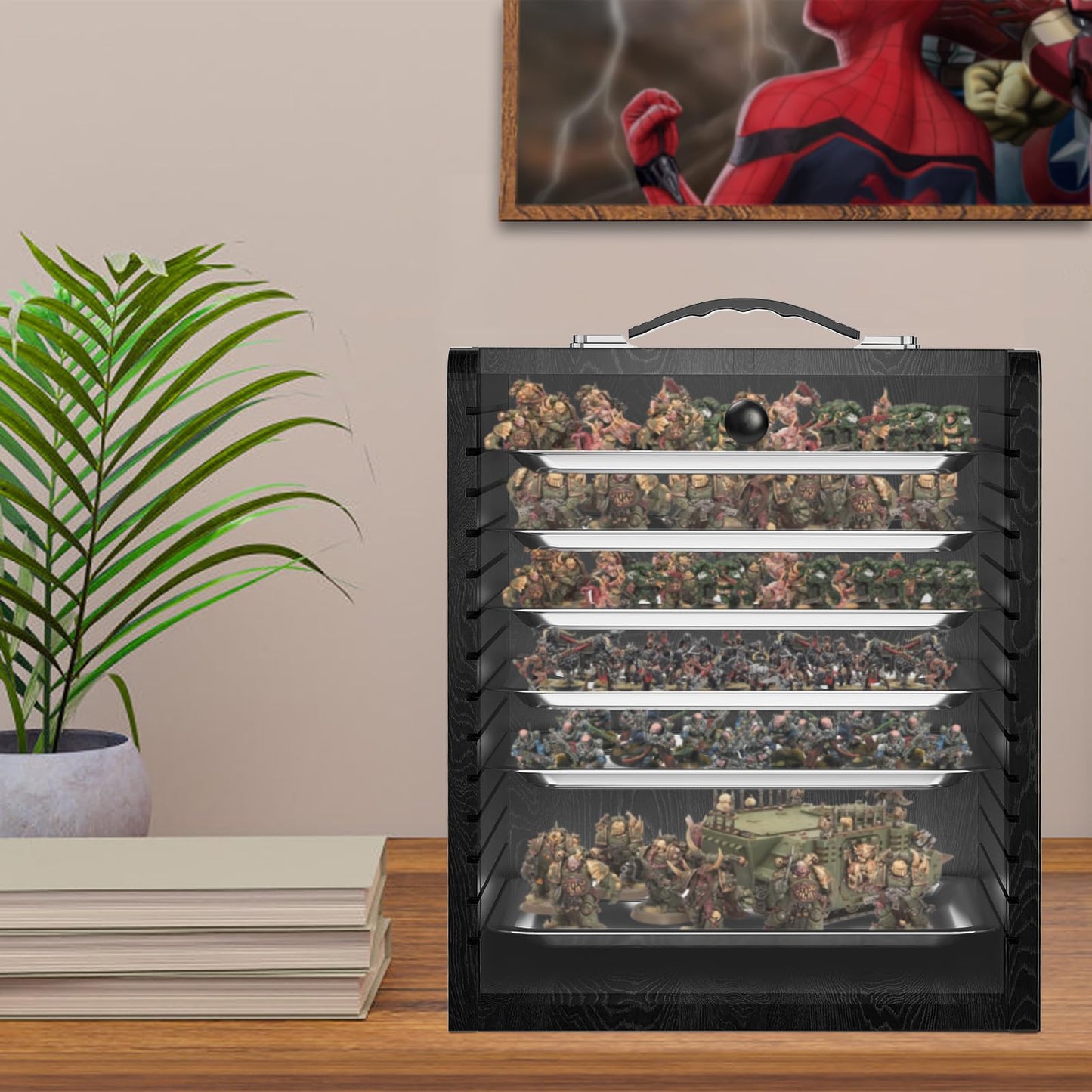 AKOZLIN Miniature Display Case for Collectibles Miniatures with 6 Trays & Handle Wooden Miniature Carrying Transport Case,Black