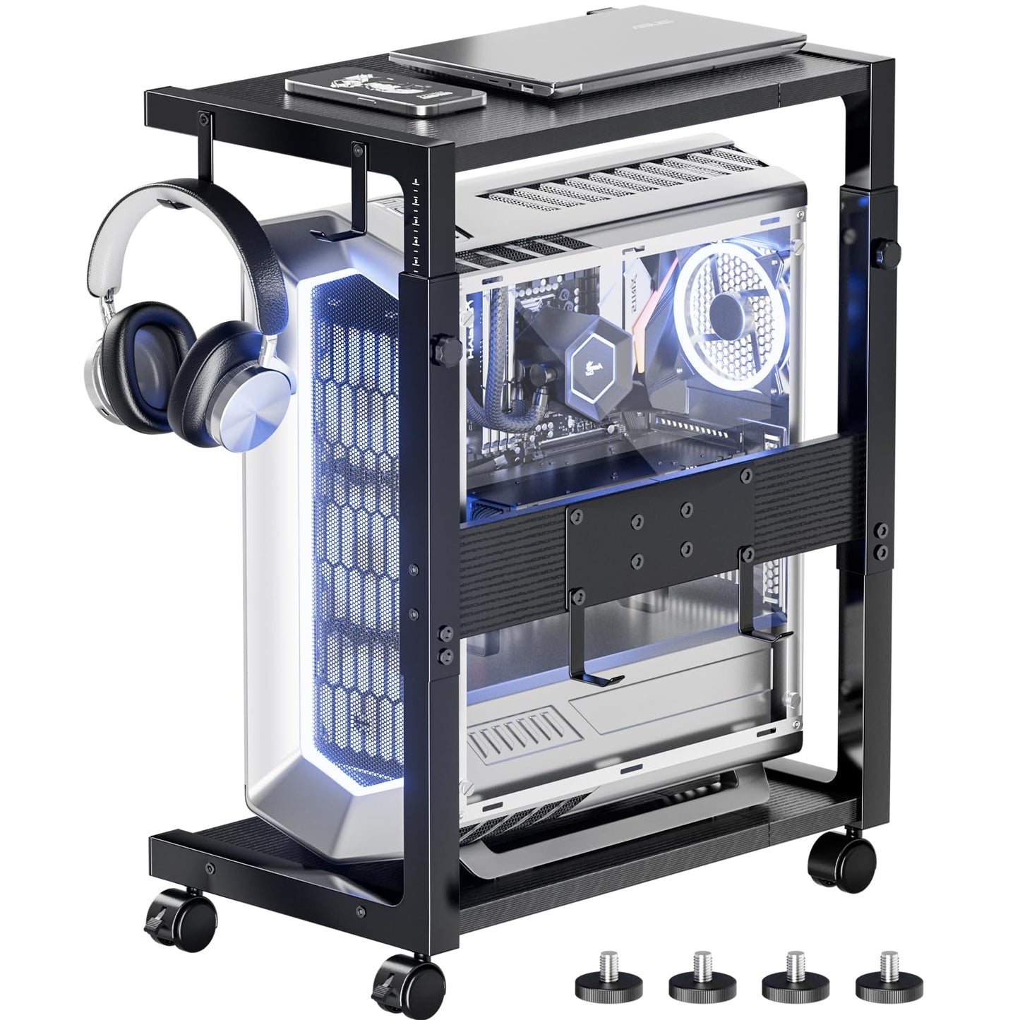 Computer Tower Stand - Height Adjustable PC Tower Stand CPU Holder Cart with Locking Wheels and 4 Hooks for Home Office,23.03"-28.3" H, Black
