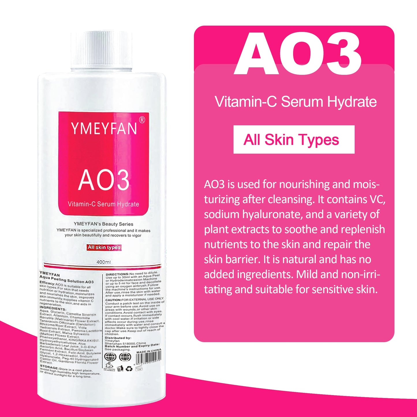 YMEYFAN AS1 SA2 AO3 Hydrate Facial Solution (English Ver.) for Hydra Machine SPA Salon Facial, Aqua Peeling Solution for Small Bubble Facial Machine Cleansing, Exfoliate, Hydrating (400ml Mix 3PCS)