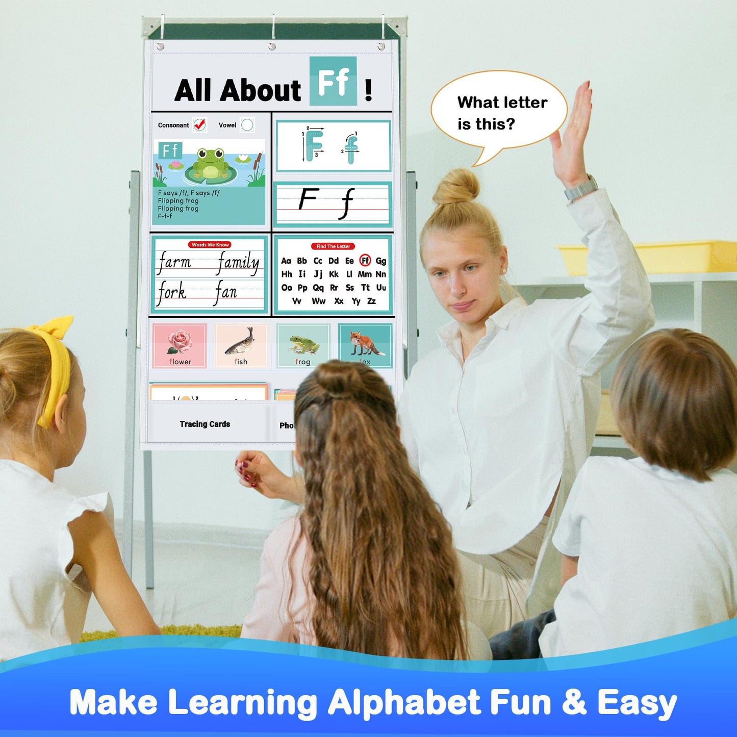 Klyrith All About Letters Pocket Chart for Classroom, Alphabet Learning Chart with ABC Flash Cards, Letter Tracing Educational Wall Chart, Circle Time Center Kindergarten Preschool Home Decor, (White)