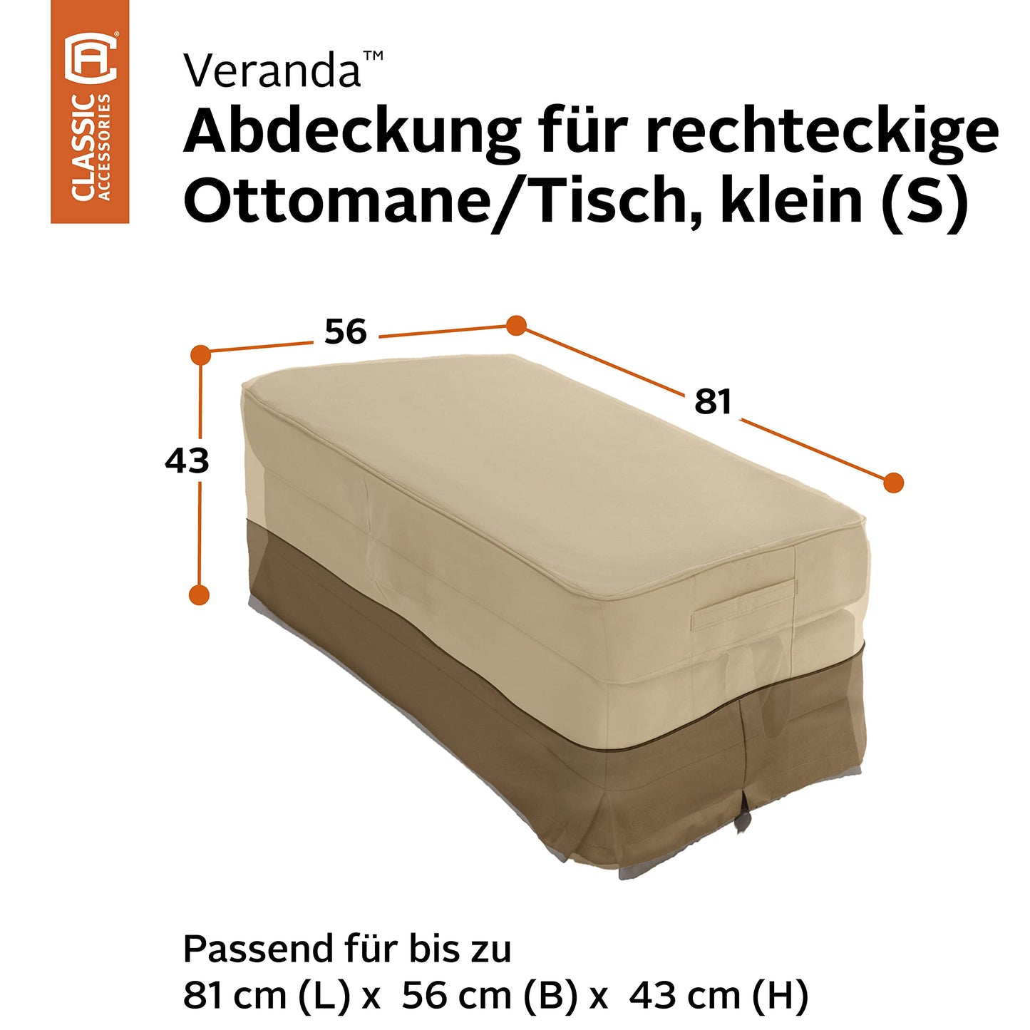 Classic Accessories Veranda Rectangular Patio Ottoman/Side Table Cover-Durable and Water Resistant Outdoor Furniture Cover, Small (71992), 32-Inch L by 22-Inch W by 17-Inch H