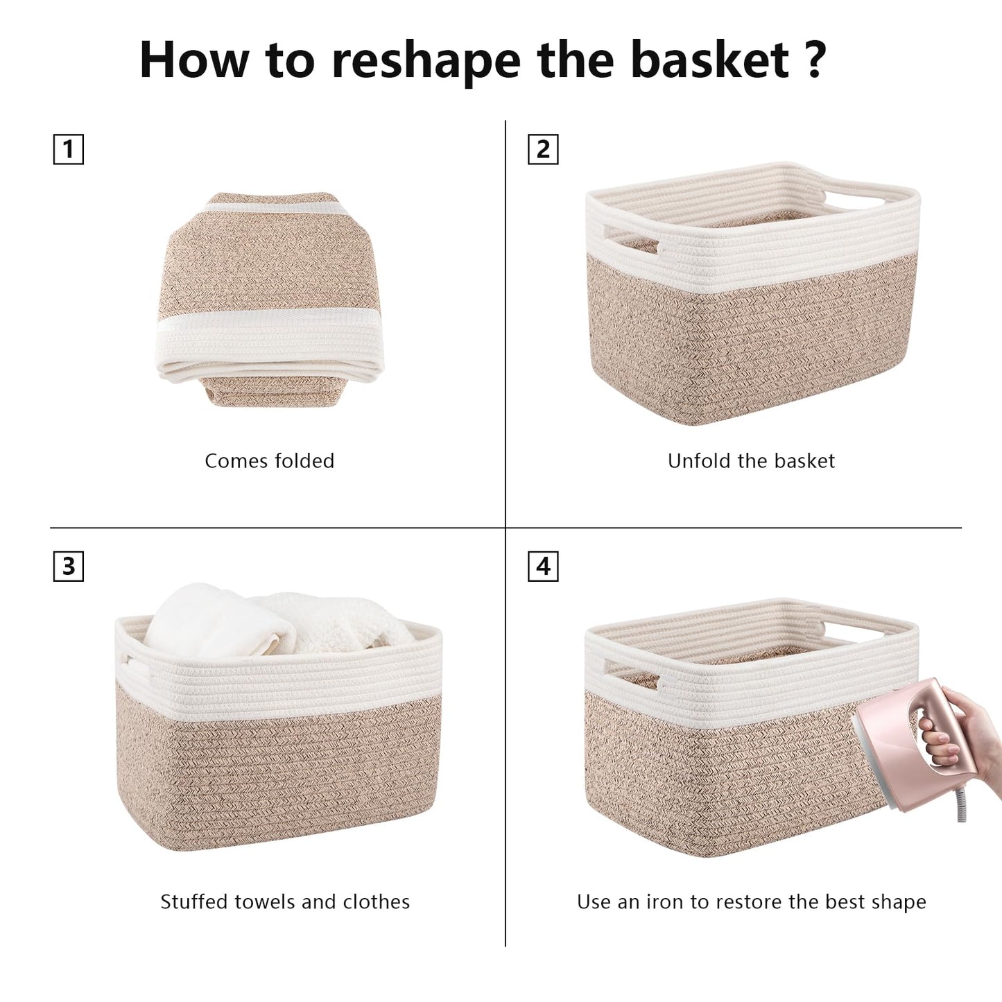 OIAHOMY 4 pack storage baskets with handle， baskets for organising, woven baskets for toys, towels, books, storage baskets for shelves, 13‘’Lx9‘’Wx7.8‘’H, Brown & White