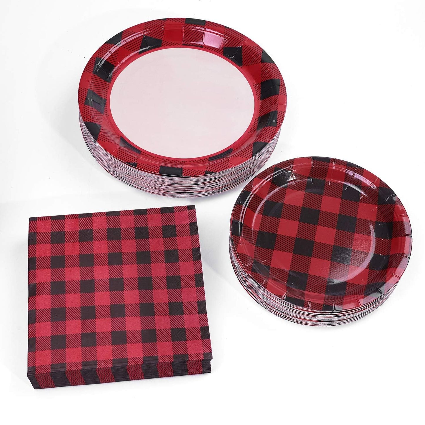Aneco 200 Pieces Red and Black Buffalo Plaid Dinnerware for 50 Guests Disposable Buffalo Check Paper Plates Cups and Napkins Tableware for Baby Shower Party Decorations