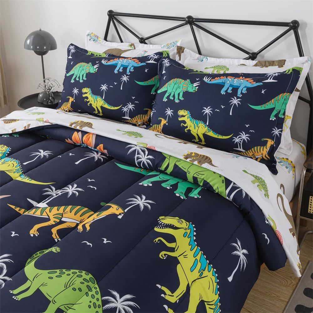 lishjekee 5 Pieces Dinosaur Comforter Twin for Kids Jungle Dinosaurs Bedding Set Bed in A Bag for Boys T-Rex Dino Comforter and Sheets Set for Teens Animal Bed Sets Home Decor