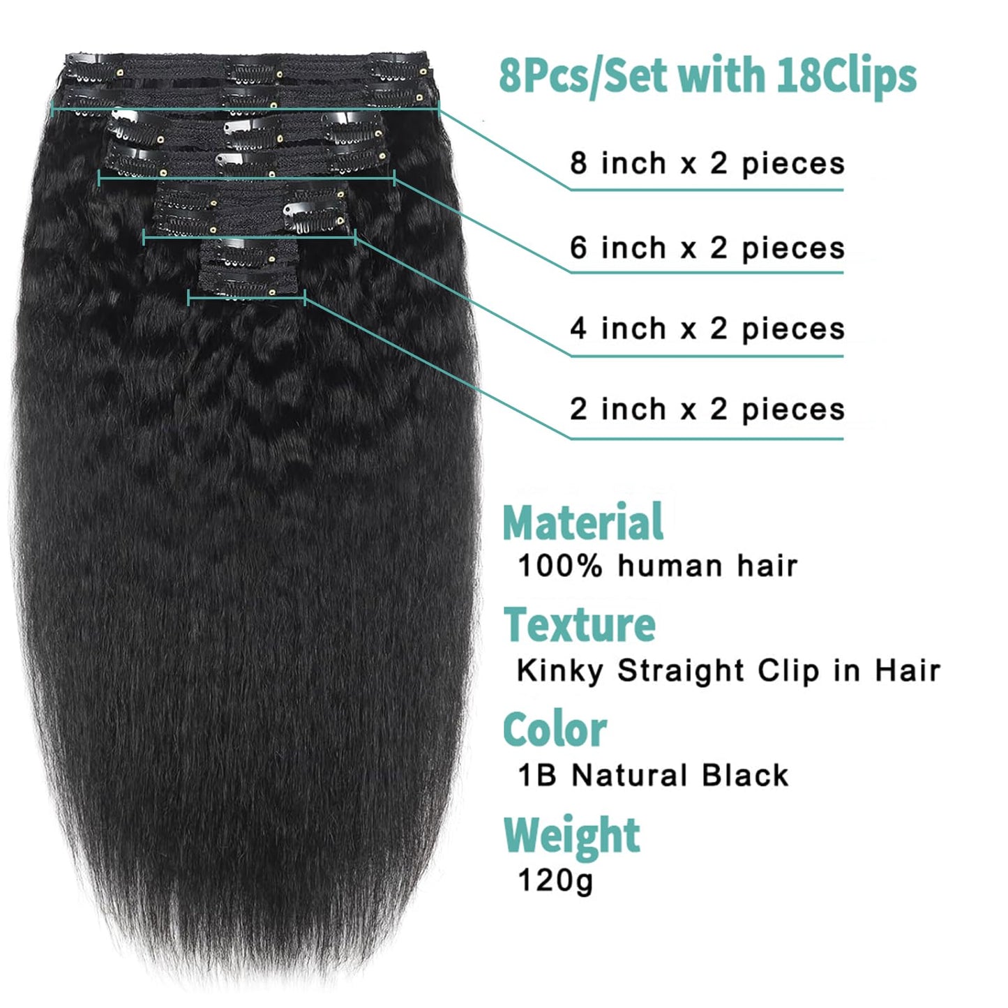 Brazilian Virgin Kinky Straight Clip in Hair Extensions 8Pcs/lot 120g With 18 Clips Yaki Straight Clip in Hair Extension Real Human Hair Natural Black Color For Black Women (16Inch)