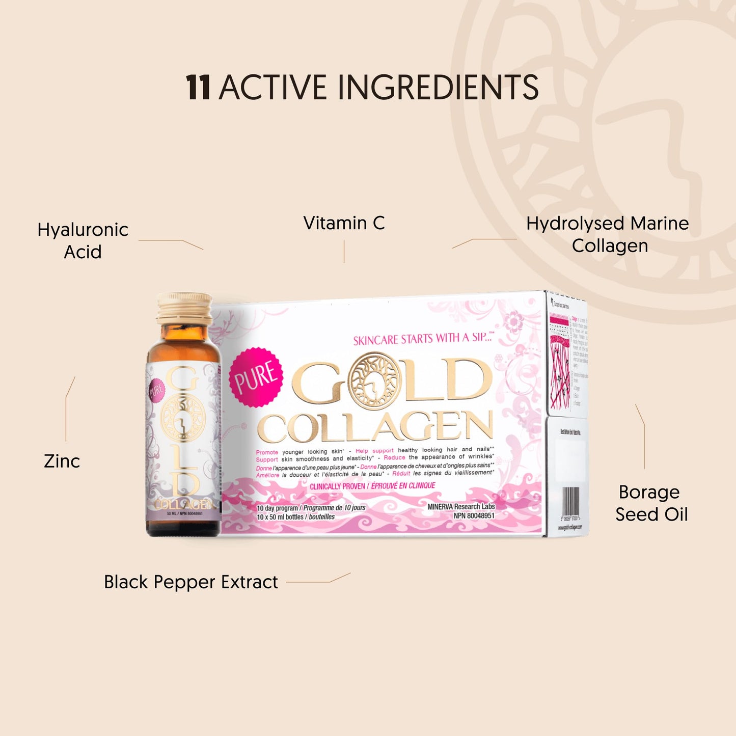 Pure Gold Collagen | The Original #1 Liquid Collagen Peptides Supplement | Hydrolyzed Marine Collagen Drink with Hyaluronic Acid, Borage Oil, Essential Vitamins & Amino Acids for Skin, Hair & Nails | 30 - 50ml bottles | 30 Day Supply