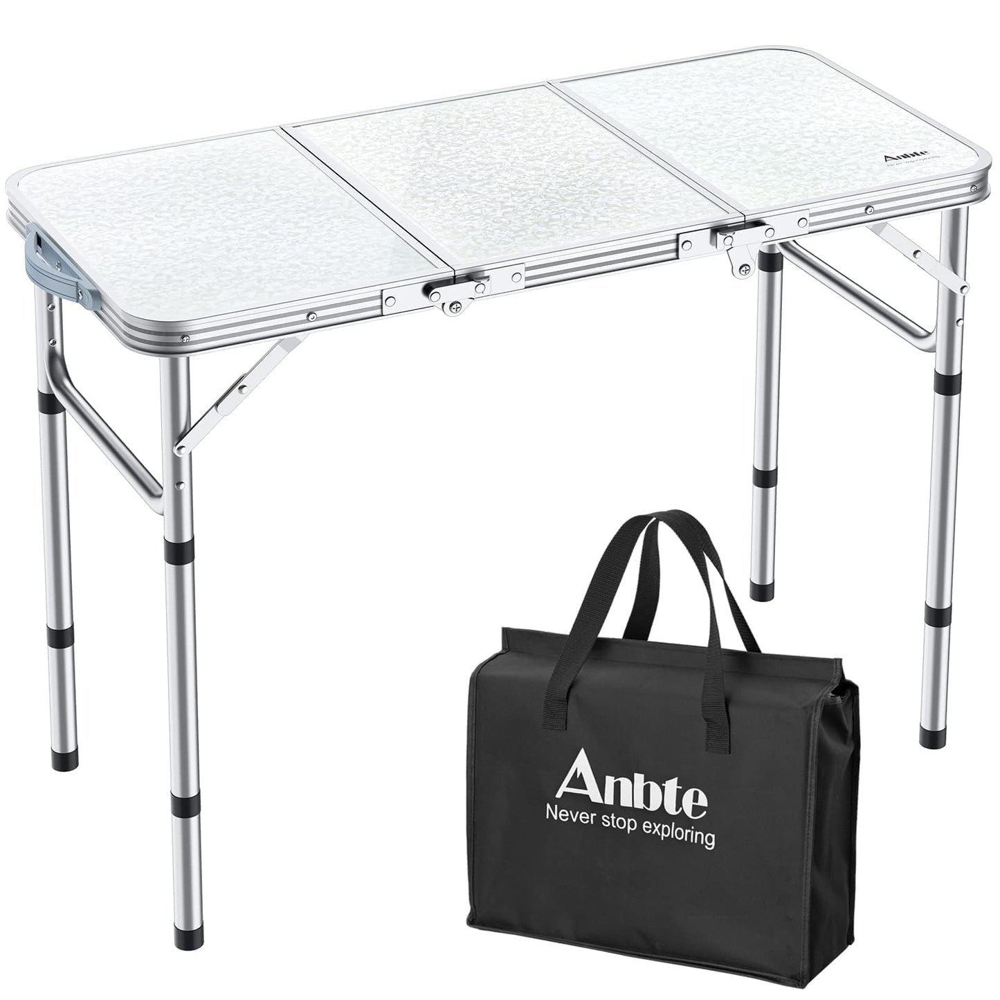 Anbte Camping Table, Camping Folding Table Aluminum Folding Table with 3 Adjustable Height Max 27.1 inch Portable Picnic Table with Storage Net and Bag for Outdoor, Backyard, 34.6" X 16", Silver