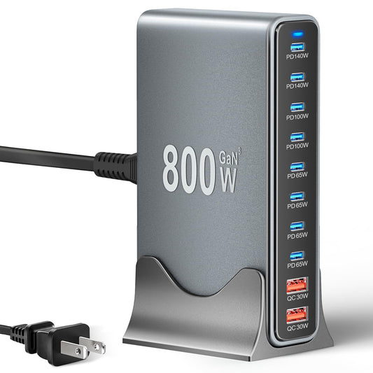 800W USB C Fast Charging Station, 10-Port USB C Charger Block GaN Ⅲ Pro Dual 140W PD PPS Port,Portable Charging Station for iPhone,Samsung Galaxy.Compatible with MacBook Pro/Air,DELL,iPad,HP