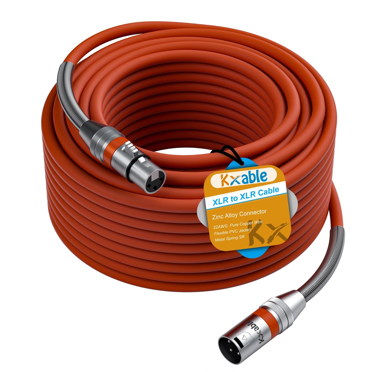 Kxable XLR Microphone Cable 100 FT, XLR Male to Female Balanced Mic Cable, 3-Pin Shielded Speaker Cord, Zinc Alloy Connectors, 22AWG Pure Copper, Metal Spring SR, Recording Studio, Podcast, Orange