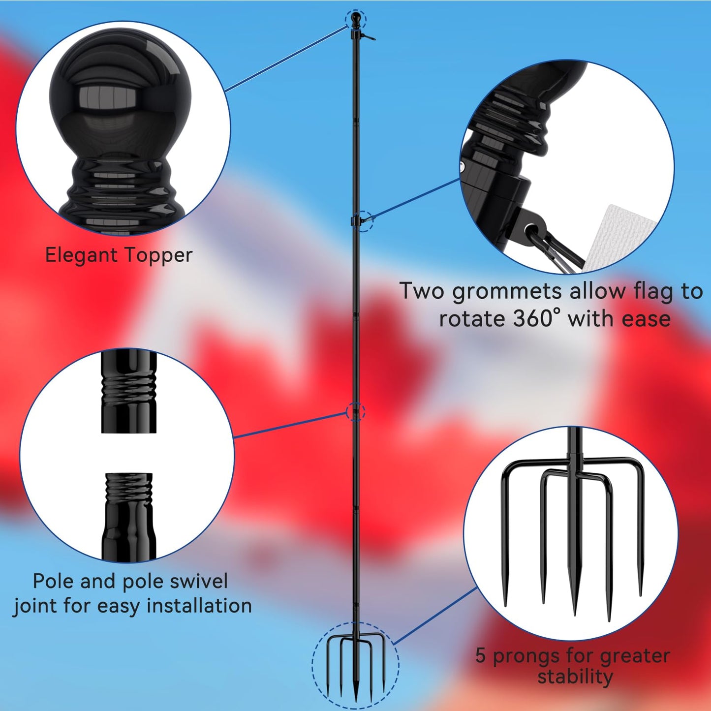 FIASON 8 FT Stainless Steel Tangle Free Flag Pole in Ground with 5 Pronges Base, Flag Poles for Outside House Residential or Commercial Flag Poles Kit(Black, Without Flag)