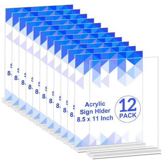 12 Packs Acrylic Sign Holder 8.5 x 11 Inches, Double-Sided Sign Holder Plastic Stands for Display, T Shape Acrylic Table Sign Stands for Office Store Restaurants Wedding Party Decoration - Clear