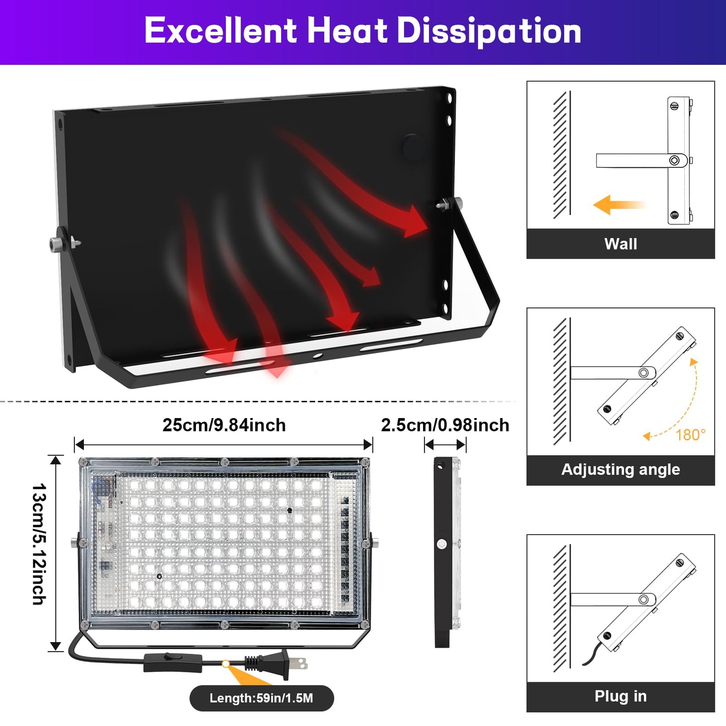 100W LED Black Light 2 Pack, ELWOKS Black Lights for Glow Party, Ultra Thin Black Lights Flood Lights with On/Off Switch, Glow in The Dark, for Party, Halloween, Body Painting