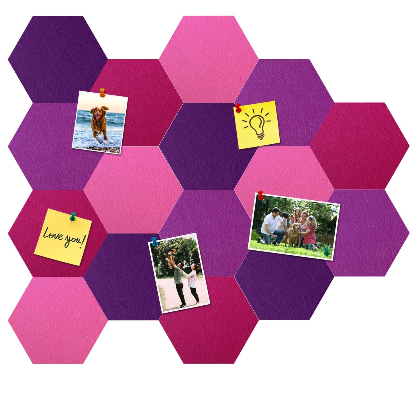 HULAVO 16Pcs Hexagon Felt Cork Board Tiles, Self Adhesive DIY Felt Bulletin Board Pin Board with 70 Pushpins for Office School Home Wall Decor Stickers Memos Photos Display(Gradual Purple)