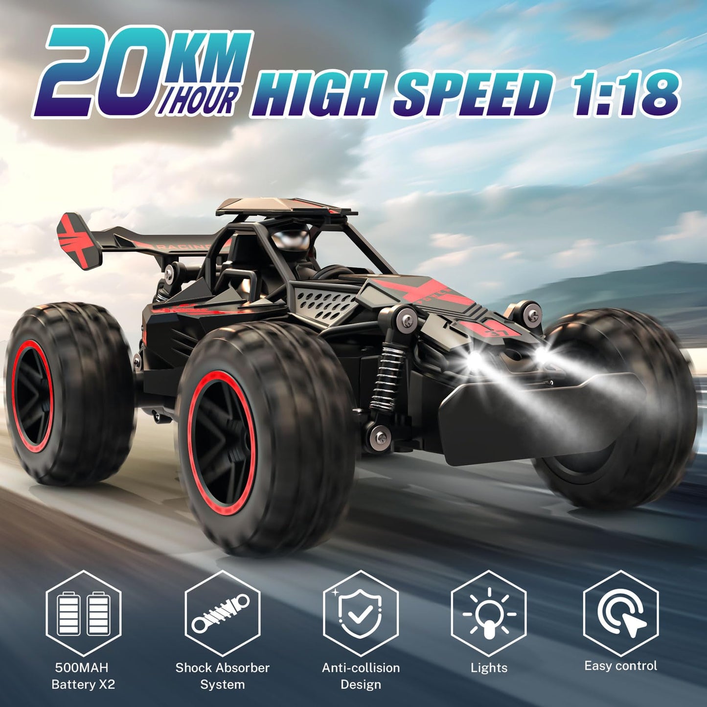 ACAMMZAR Remote Control Car, 1:18 High Speed RC Cars for Kids, 20KM/H Monster RC Truck Off Road with Lights Toys for Boys, Red