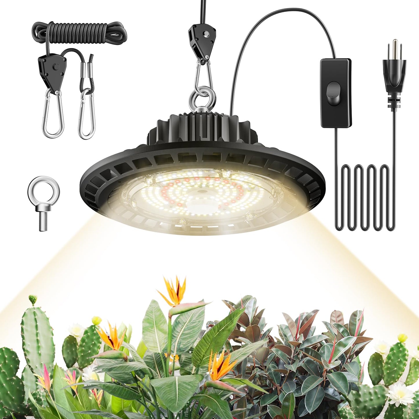 AJABotanics 100W Hanging LED Grow Light for Indoor Plants, Full Spectrum UFO Lamp, IP65 Waterproof, 9.8 ft Cord with On/Off Switch, Smart Plug Compatible for Hydroponics, Greenhouse, Grow Tent