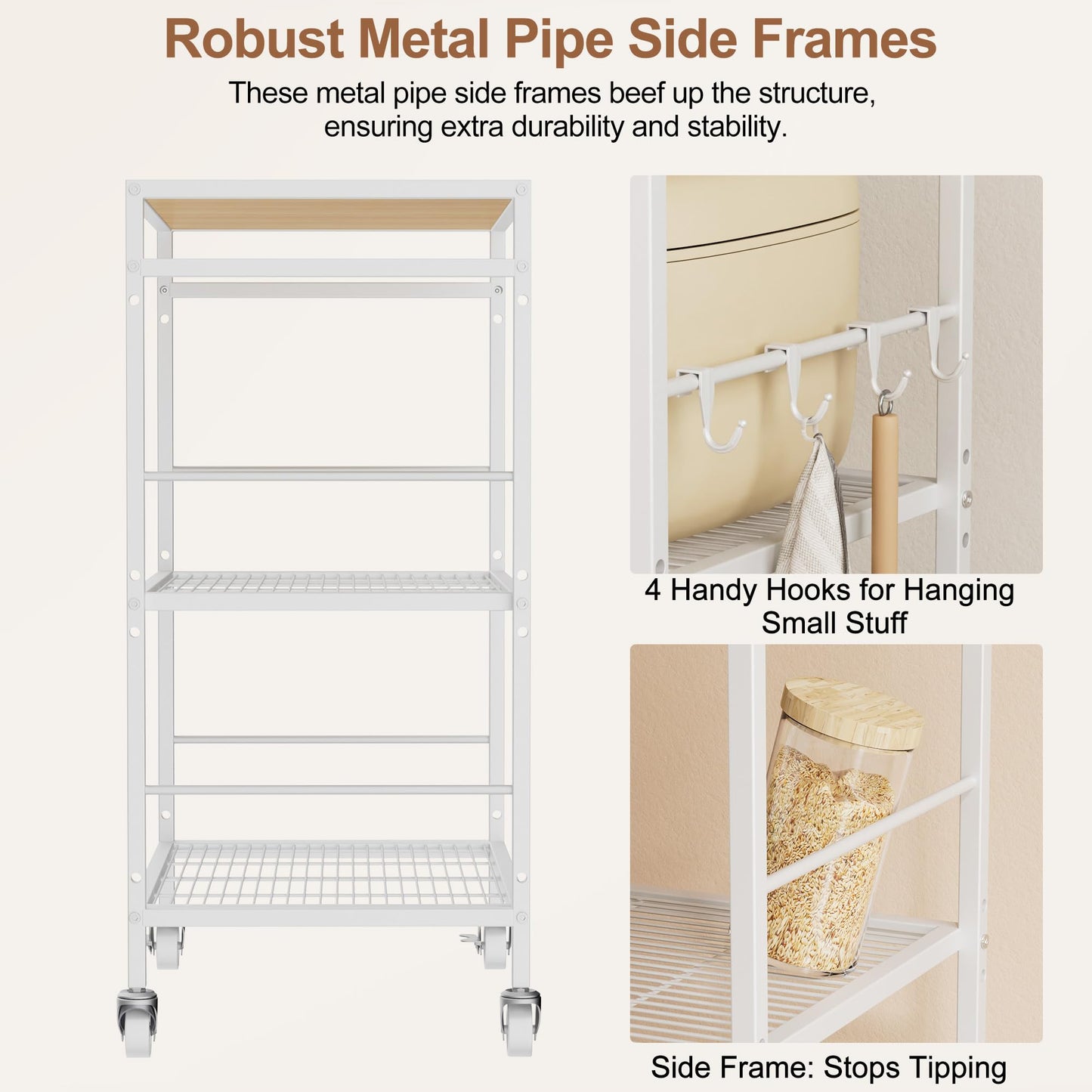 XIVIRACK 3-Tier Kitchen Cart with Adjustable Shelves - Microwave Storage Cart & Utility Rolling Organizer, Industrial Wheels for Small Spaces, 15.7"x23.6"x33.7" Kitchen Office Living Room Metal Rack