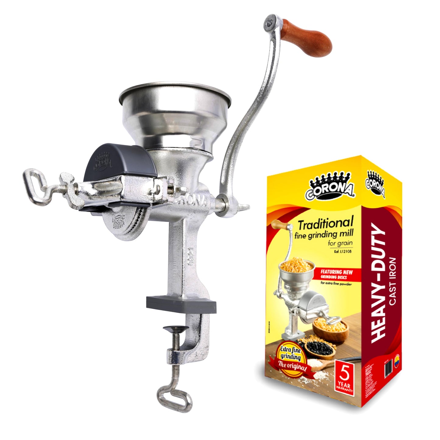Corona Manual Grain Mill, Cast Iron Corn Grinder with Hand Crank for Corn, Wheat, Rice, Coffee & Spices, Adjustable Flour Mill for Home Kitchen Use