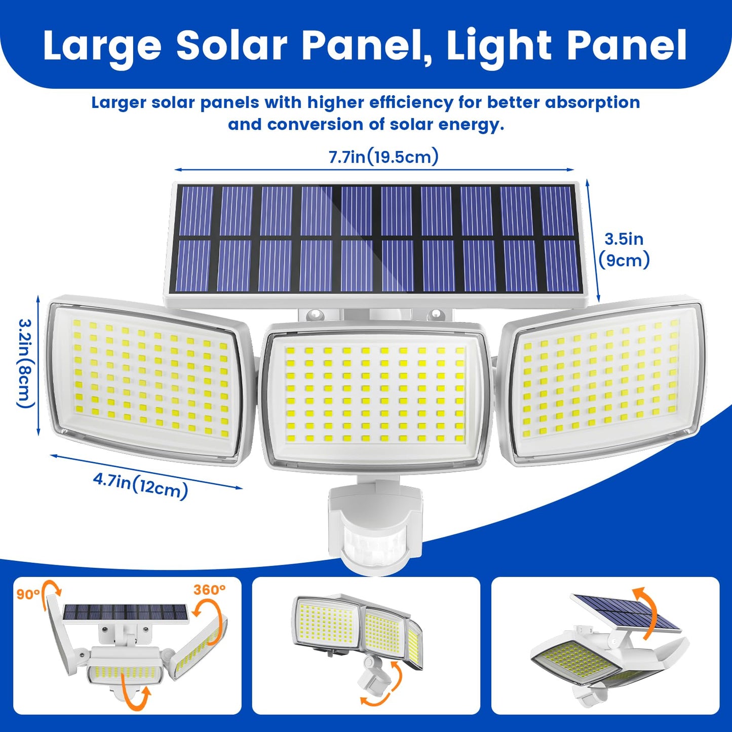 Solar Lights Outdoor, 1600LM Bright LED Motion Sensor Light Outdoor 3000mAh 50FT, IP65 Waterproof Adjustable 3 Head Solar Powered Security Flood Light 7000K for Yard, Garden, Garage White 2Pack