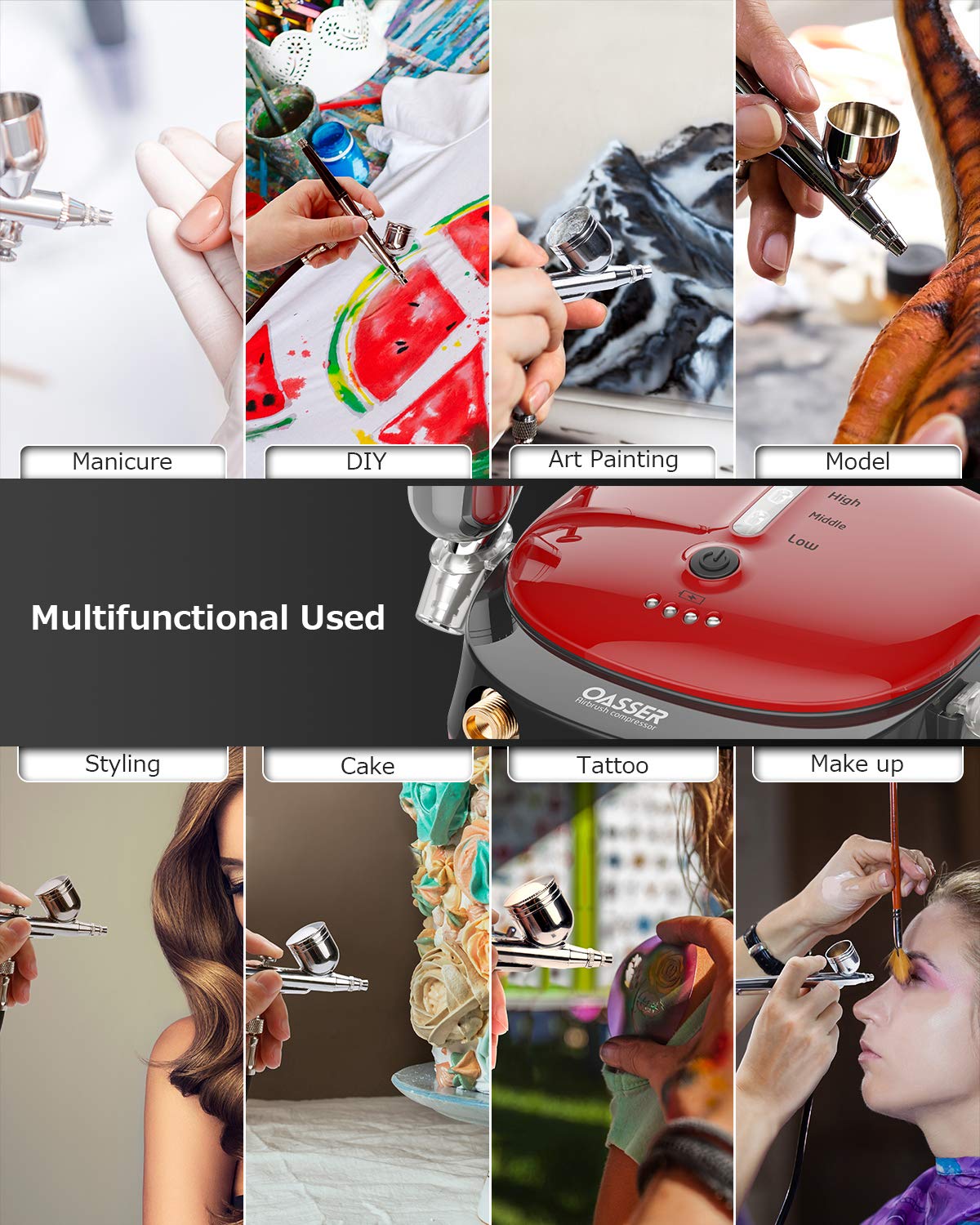 Oasser Airbrush Kit with Compressor 1000mAh Portable Airbrush Compressor Rechargeable with LED Lights for Painting Modeling Makeup Art Creation Suitable for Beginners Red