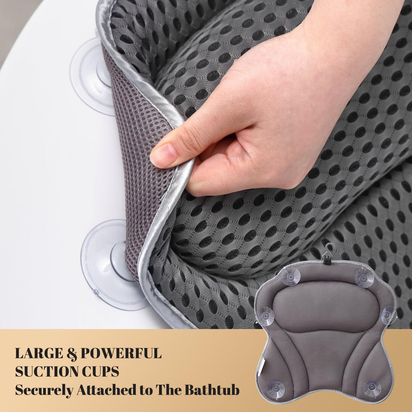 Bath Pillow Spa Bathtub Pillow with Non-Slip Suction Cups, Head, Neck, Back & Shoulder Rest Support, Soft & Luxury Bathtub Cushion, Bath Pillow Fit Hot Tub, Bathtub (Grey)