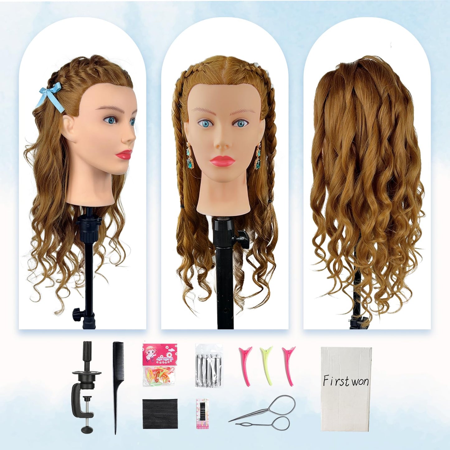Firstwon Mannequin Head Human Hair- Cosmetology Manikin Doll Head with 80% Real Hair for Hairdresser Practice Styling Braiding & Free Clamp Holder (Color #27）
