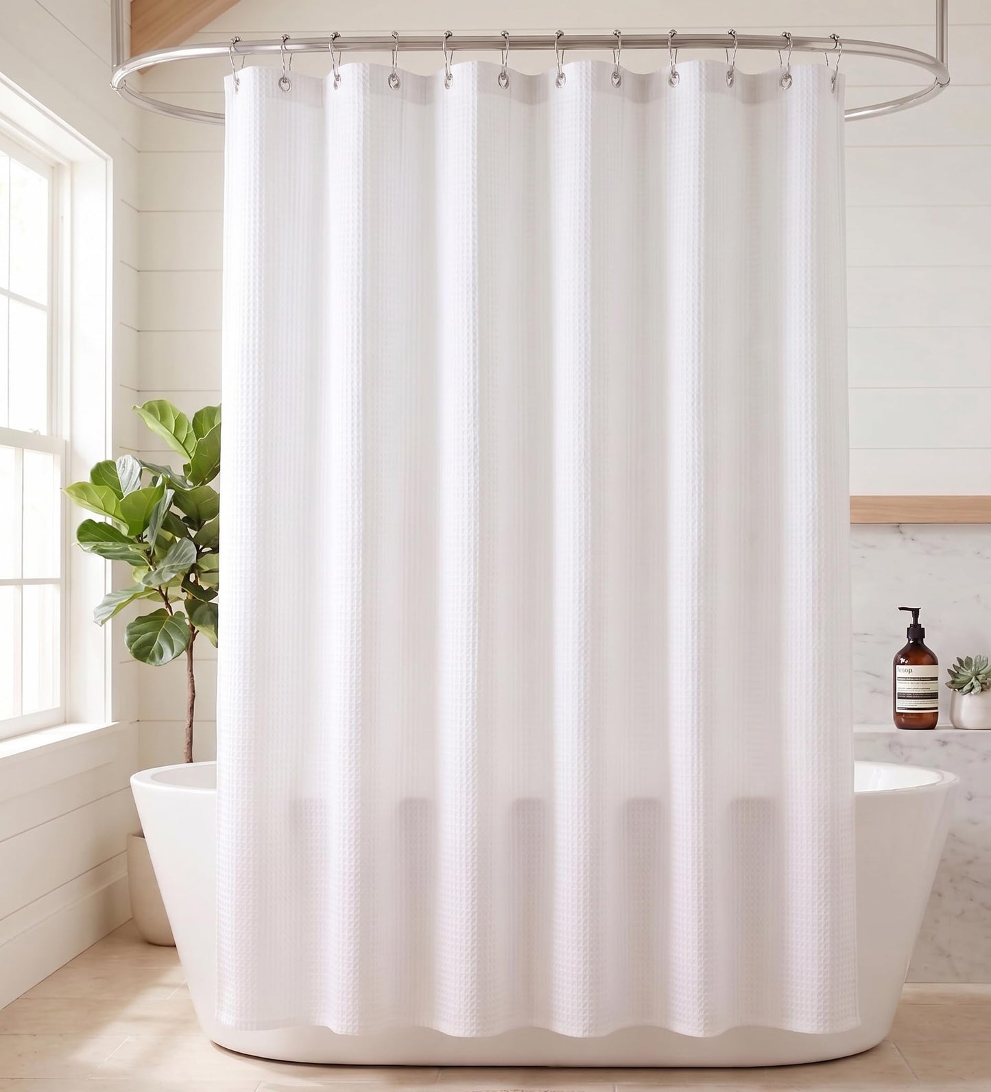 Mantto Waffle Shower Curtain Set, Premium Diamond Texture Fabric Shower Curtains for Bathroom, No Liner Needed, Waterproof & Heavy Duty with Weighted Hem with 12 Metal Hooks, 72 x 72 Inches, White