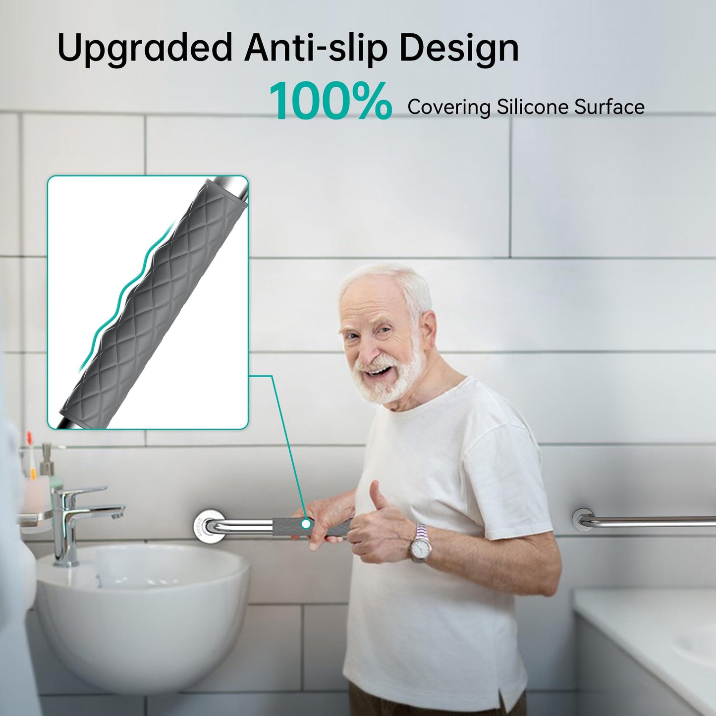 Opove 16" Grab Bars for Shower and Bathroom, Anti-Slip Shower Handles for Elderly, Seniors, Handicap & Pregnant Women, Gray (2 Pack)