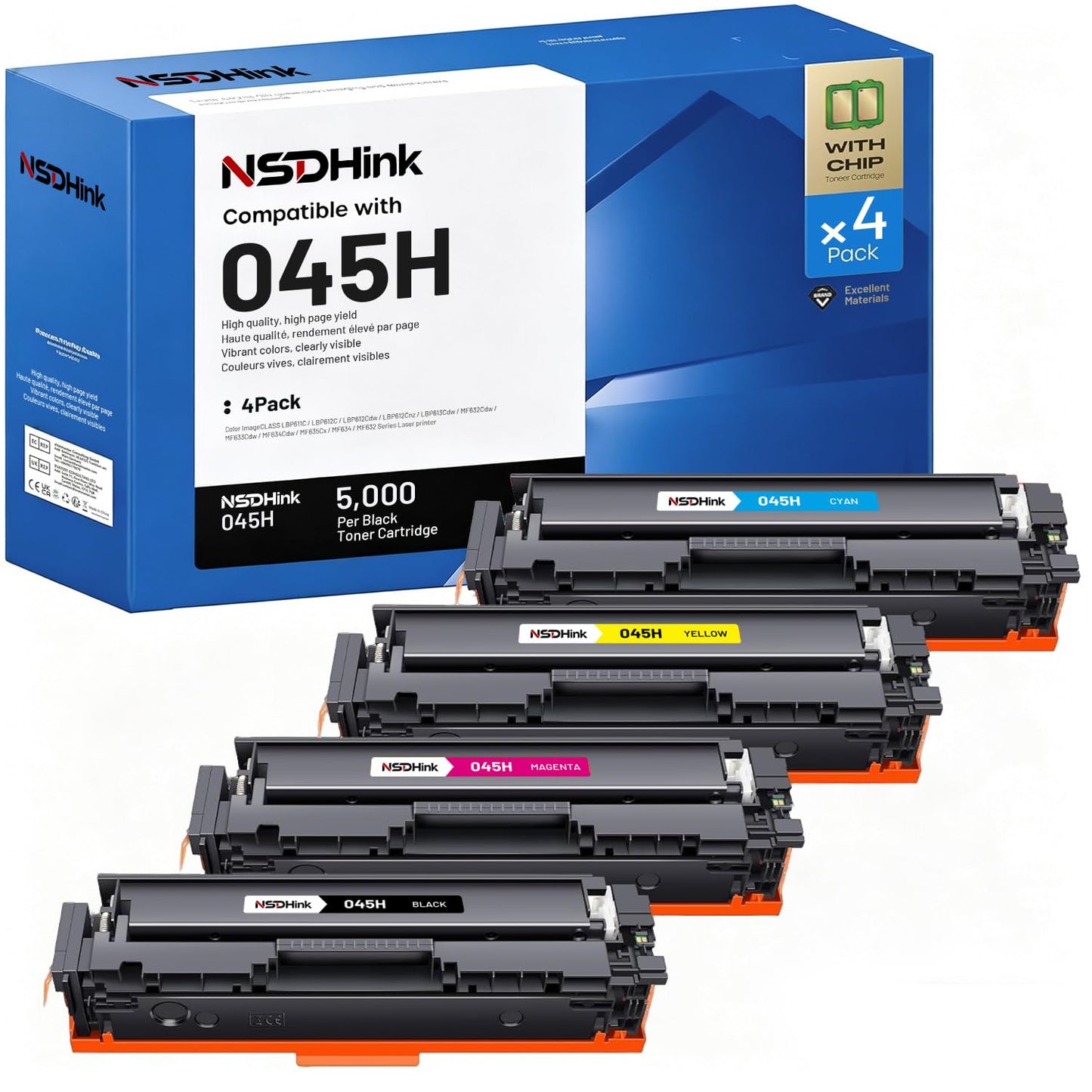 NSDHInk 045H Toner Cartridges Replacement for Canon 045 045H CRG-045 Work for Canon Color ImageCLASS MF634Cdw MF632Cdw LBP612Cdw LBP613Cdw MF632 MF634 Series Toner Printer (4 Pack)