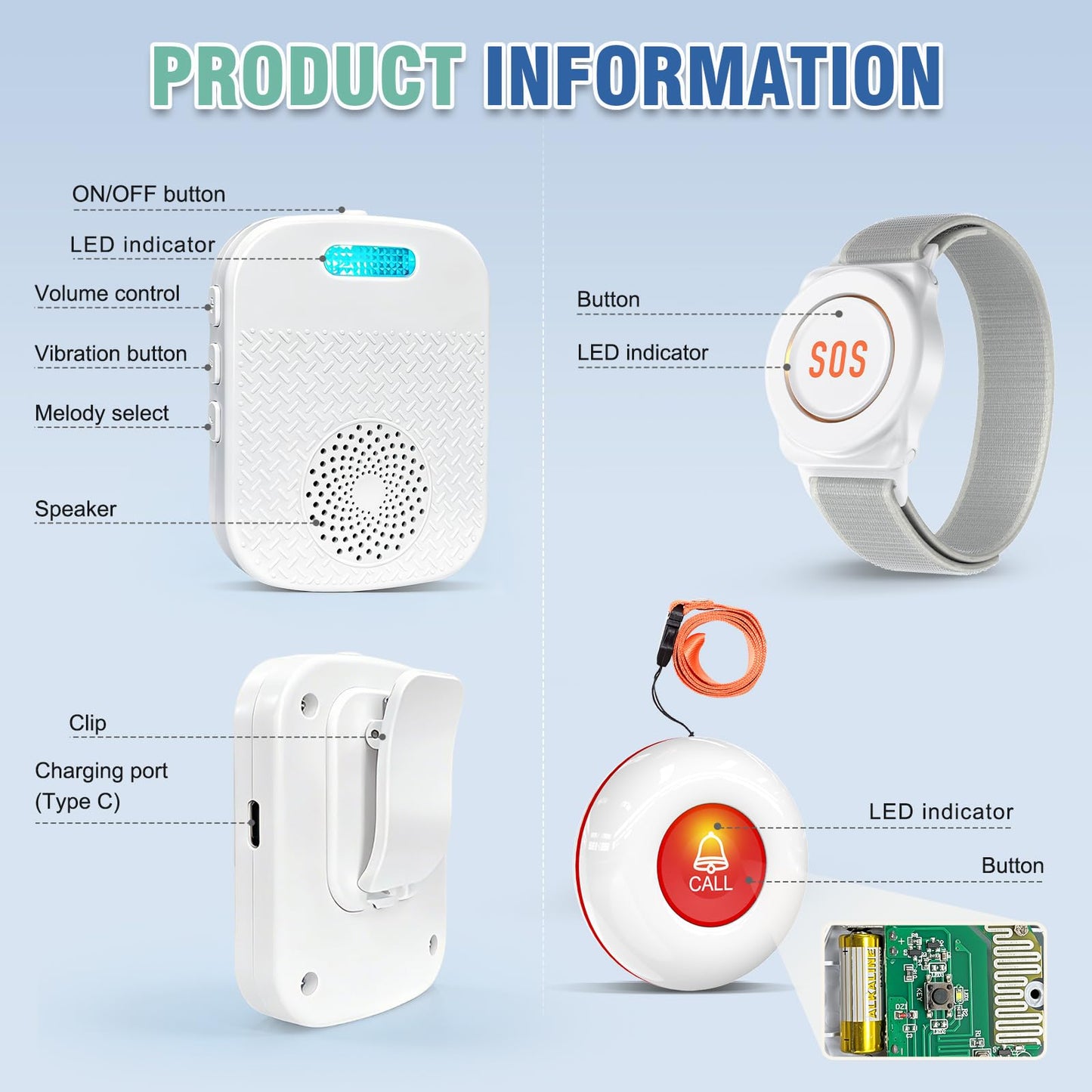 DAYTECH Wireless Caregiver Pager Emergency Call Button for Seniors Portable Call Bell with 500Ft+ Range and Vibration Alert, 1 Rechargeable Receiver 1 Alert Button