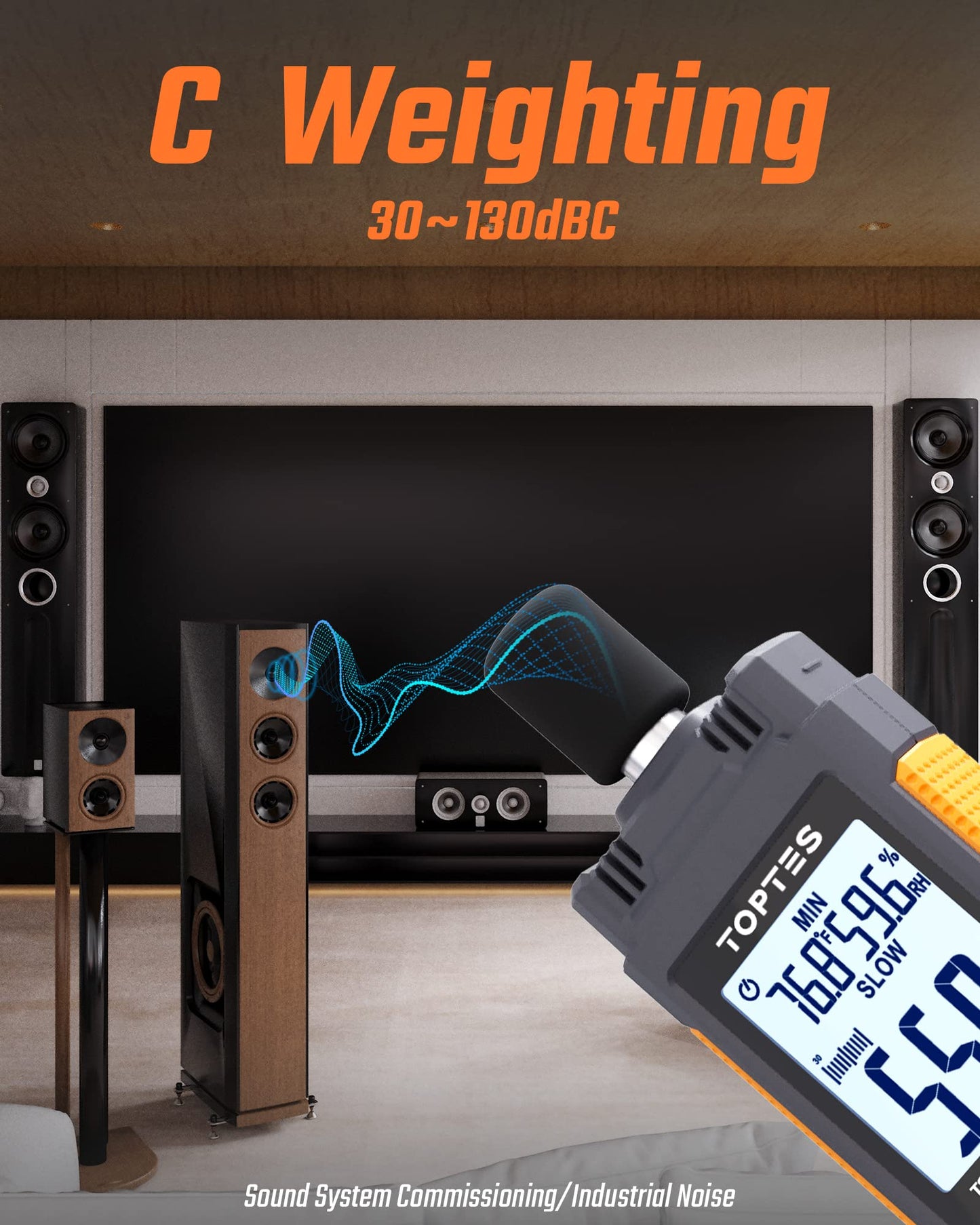 TopTes TS-501B Sound Level Meter with 2.24” Backlit LCD Screen, A/C Weighted Decibel Meter, Range 30-130dB, Temperature & Humidity, MAX/MIN, Data Hold, Use for Home, Noisy Neighbor, Factory - Orange