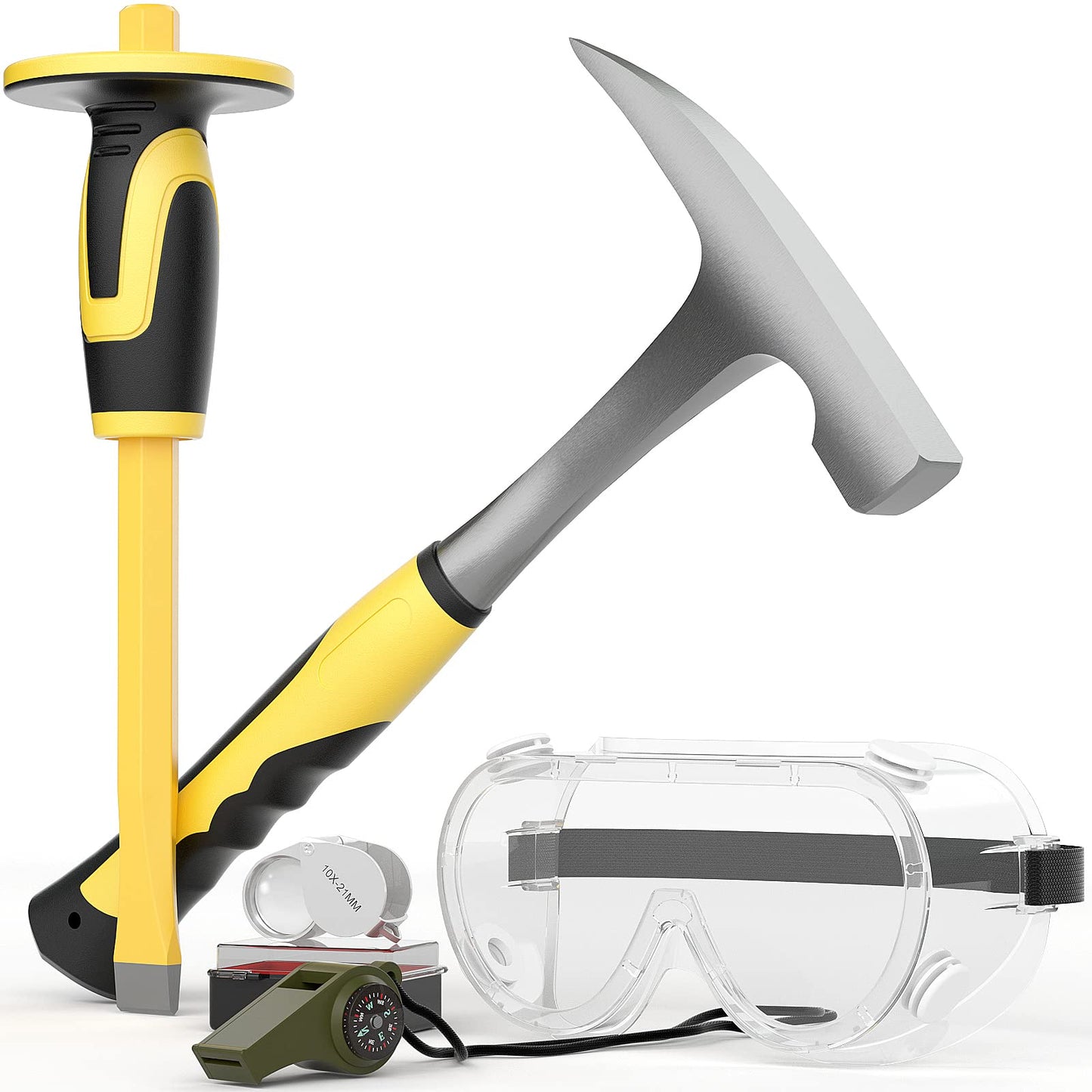 INCLY 5 PCS Geology Rock Pick Equipment Kit, 32 oz Rock Hammer with 12" Mason Concrete Chisel, Jewelers loupe, Summer Outdoor Camping Tool Set for Hounding,Gold Mining & Prospecting, Stone Breaking