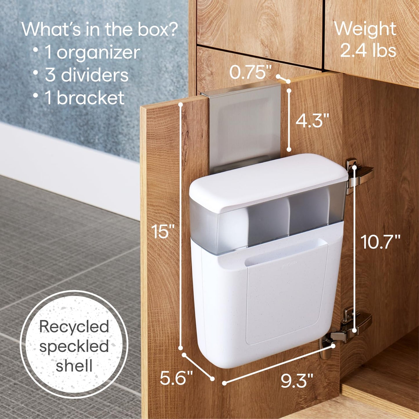 YouCopia DoorStash Hanging Bathroom Cabinet Door 3 Adjustable Compartments, Large Section and Covered Lid for Accessory Organization, Speckled Shell