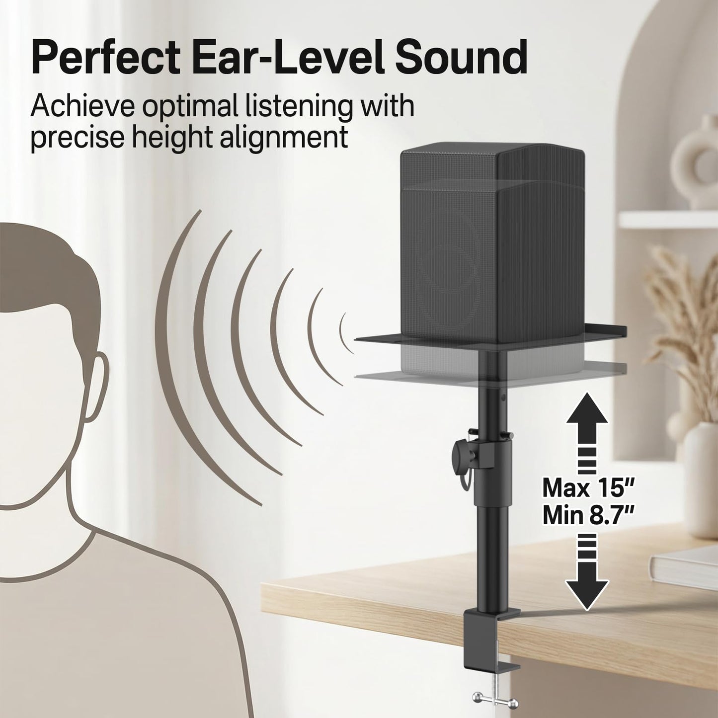Clamp-on Desk Speaker Stand Pair, Height&Angle Adjustable Desktop Bookshelf Speaker Stands for Samsung Q990D/Q990F, Fit Edifier/KRK/Klipsch/Yamaha Built-in Cable Management WR Headset Hook& Cable Ties