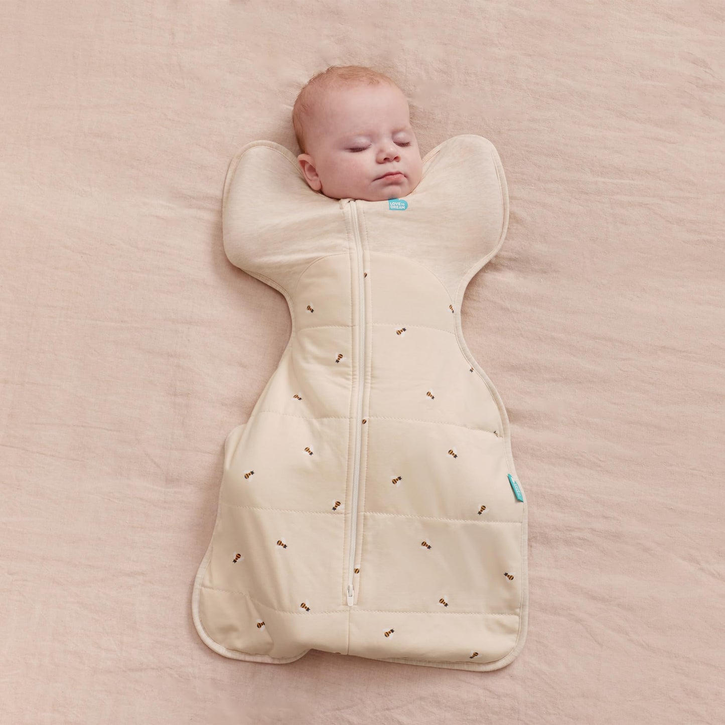 Love to Dream Swaddle UP, Warm 2.5 TOG, Dramatically Better Sleep, Allow Baby to Sleep in Preferred Arms Up Position for Self-Soothing, Snug Fit Calms Startle Reflex, Medium 13-19lbs, Oatmeal Bees