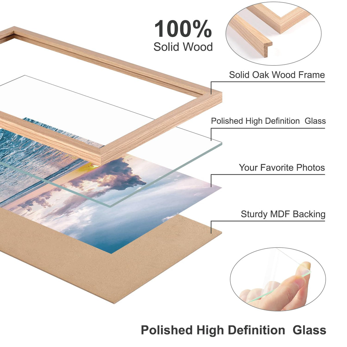 ATOBART 8x10 Solid Wood Picture Frames, 6 Pack OAK Photo Frame Set with Real Glass Cover, Natural Wood Color Frames, for Wall Mounting or Tabletop Display