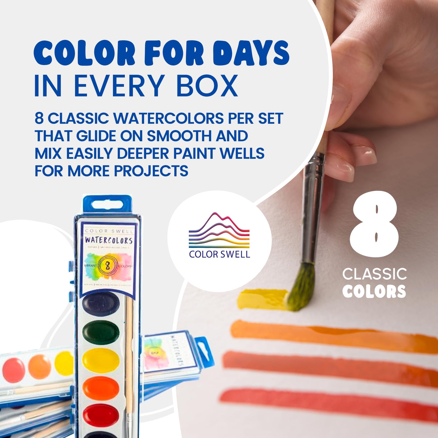 Color Swell Washable Bulk Watercolors Paint, 18 pack, 8 Colors, Wood Brush, Classroom Bulk Paint Pack - Bulk Watercolors