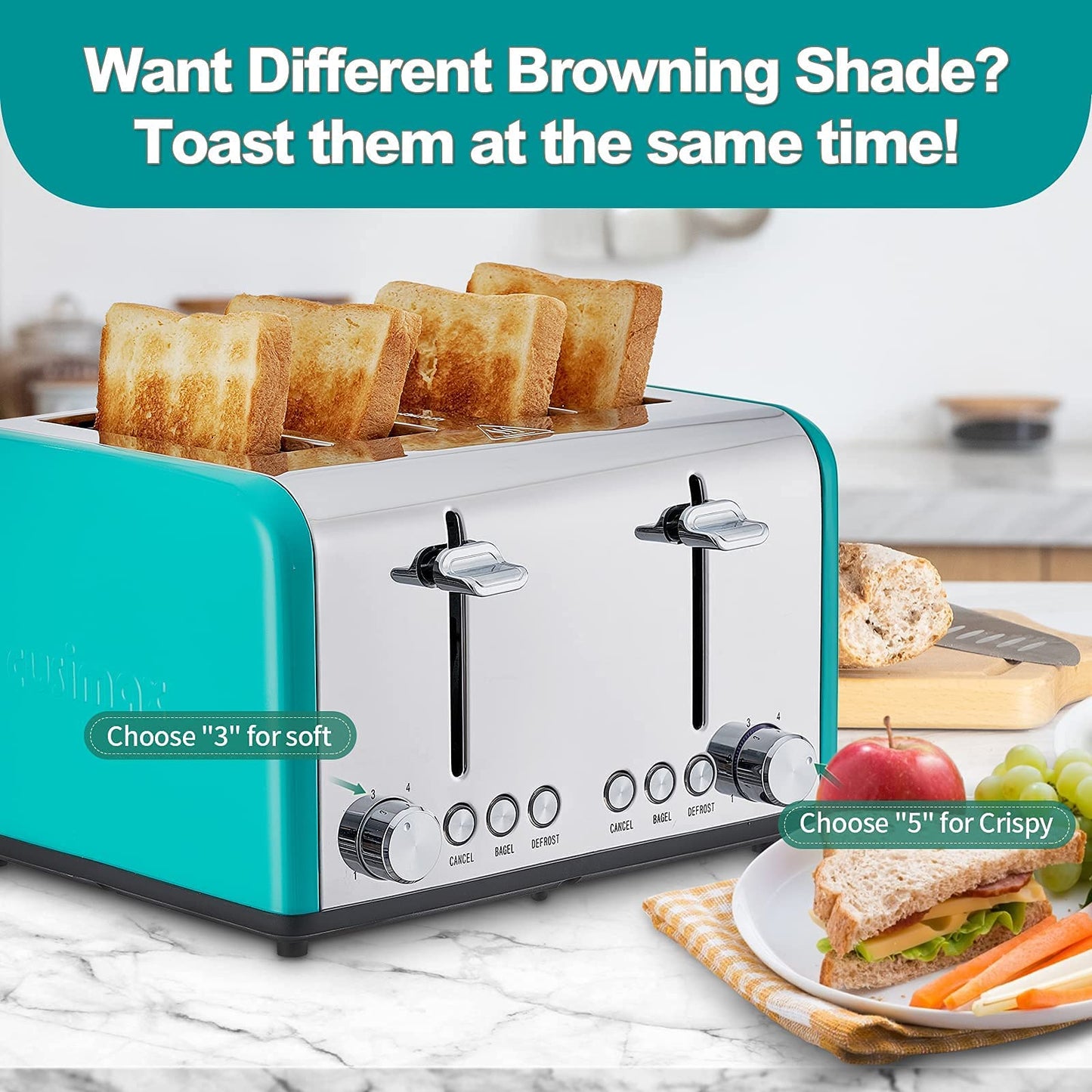 Toaster 4 Slice, CUSIMAX Stainless Steel Toaster, Bread Toasters 4 Extra Wide Slot with Bagel/Defrost/Cancle Function,6 Shade Settings with Removable Crumb Tray, Green