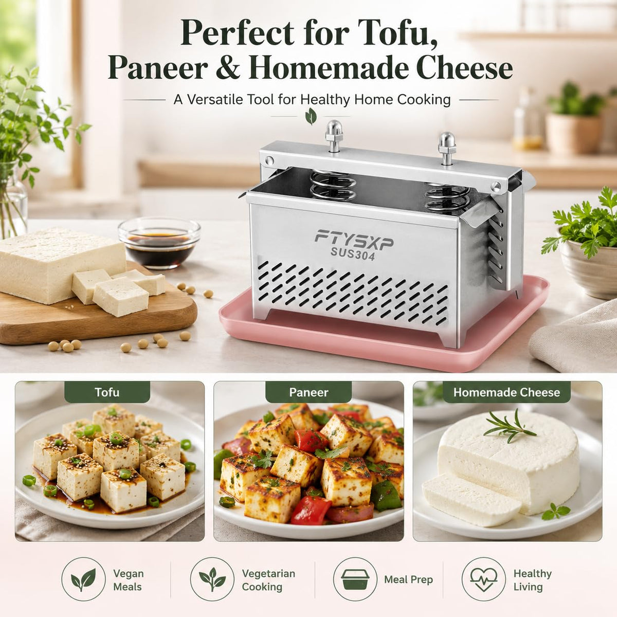 Tofu Press -304 Stainless Steel Cheese Press, Paneer Make and Vegetarian Tofu Press, Heavy Pressure Adjustable,BPA Free, Dishwasher Safe for tofu Maker and ham Press,Meat Pressing (L)