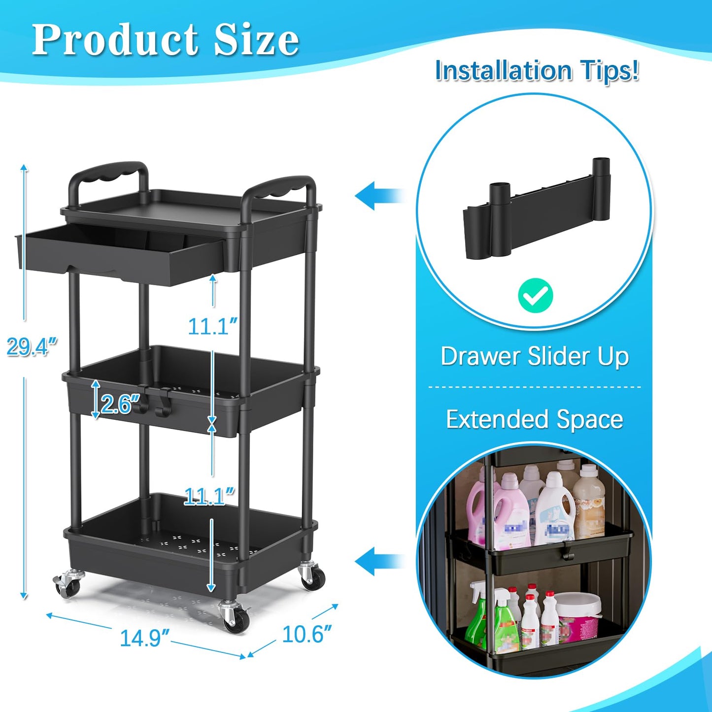 SUNALLY 3 Tier Rolling Storage Carts with Drawer, Storage Cart Organizer with Lockable Wheels Rolling Utility Organizing Cart for Bathroom Kitchen Bedside Art Craft Snack Makeup Lash Nail Baby, Black