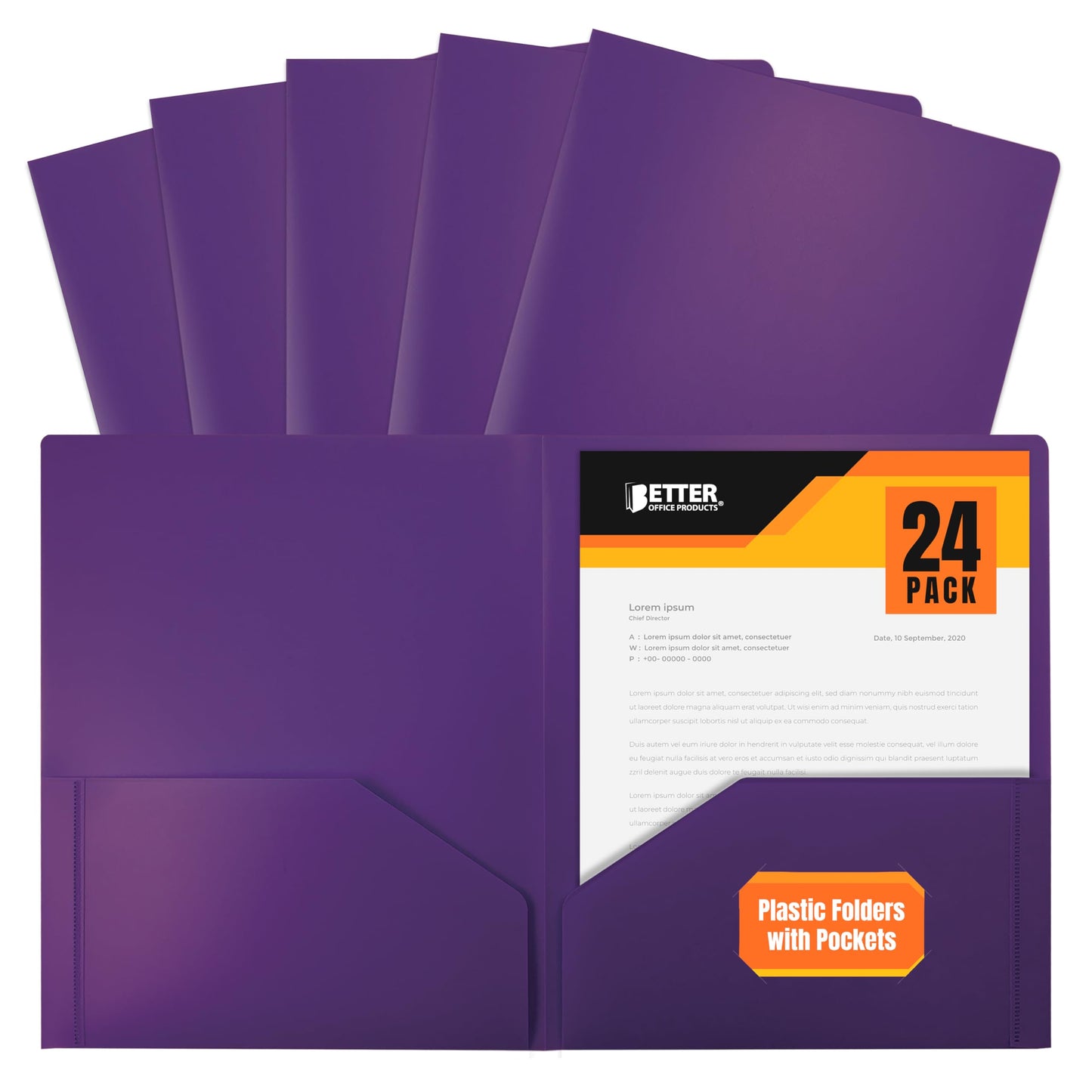Better Office Products Heavyweight Plastic 2 Pocket Portfolio Folder, Letter Size Poly Folders 24 Pack (Purple)