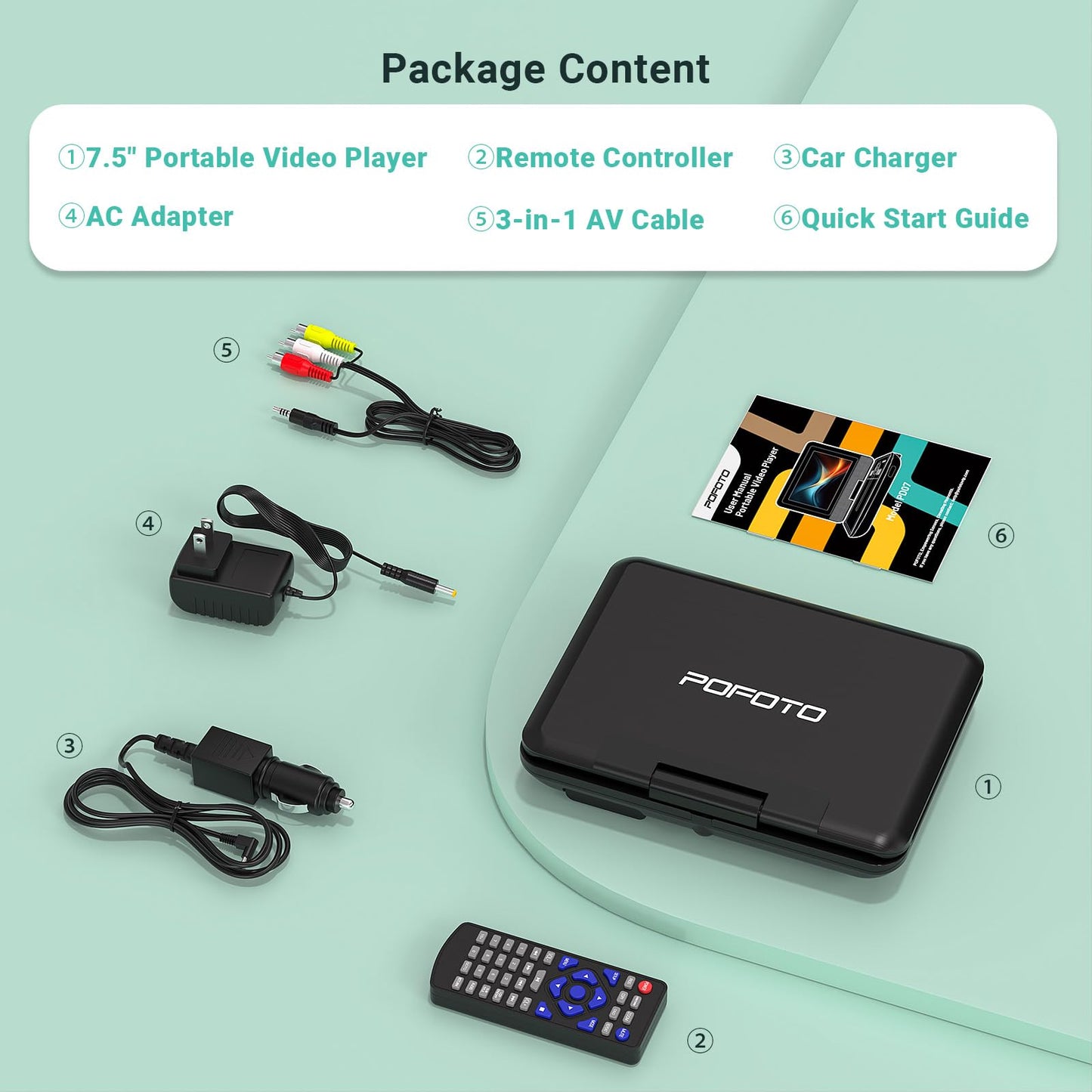 9.5" Portable DVD Player for Kids and Car with 7.5" Swivel Screen, 4-6 Hours Working Time, Car DVD Player with Dual Speakers, Remote Control, Support Sync TV, Region Free USB/SD/AV, Glossy Black