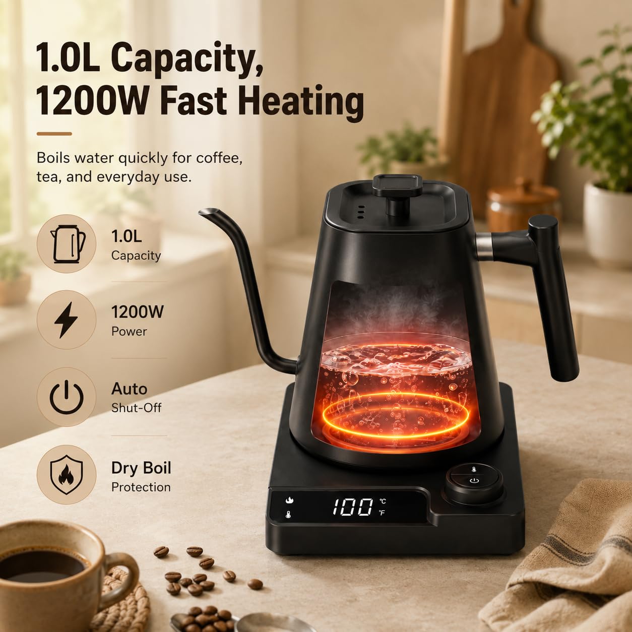 VICBINLY Electric Gooseneck Kettle, 1.0L Pour Over Kettle and Coffee Kettle, 100% Stainless Steel Inner Lid and Bottom, 1200 Watt Quick Heating, Matte Black TKBK02G