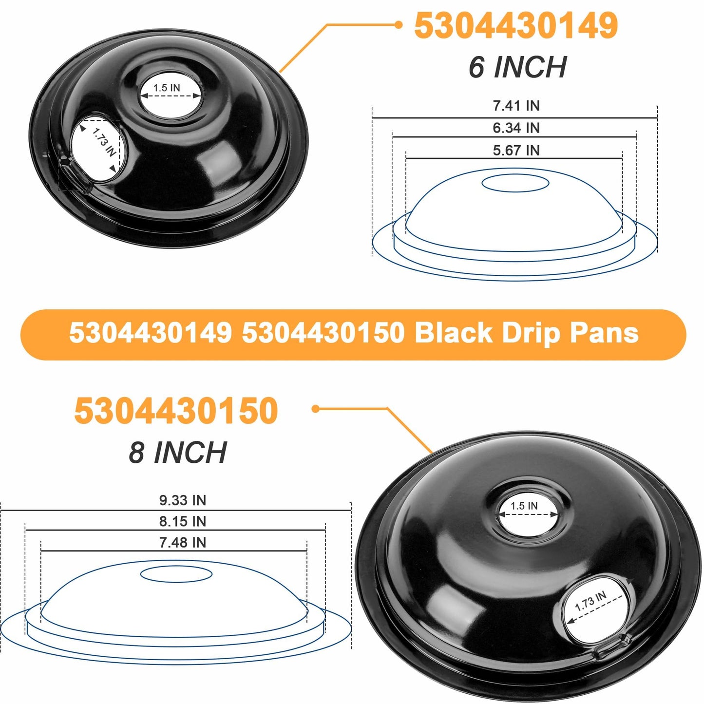 5304430149 5304430150 Porcelain Burner Drip Pan Set Fit for Ken-more, Fri-gidaire Stove Replacement 318067041 318067051 Electric Range Cooktop Includes 2 8-Inch and 2 6-Inch Pans