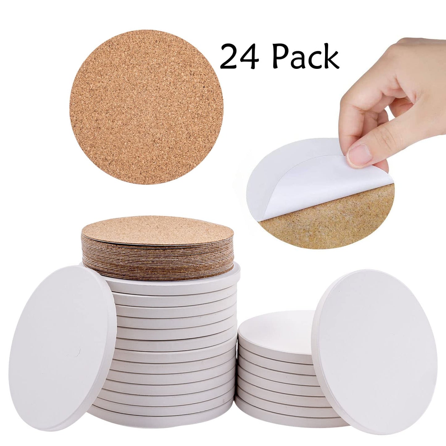 48 Pcs Ceramic Tile for Crafts Coasters, 4 Inch Unglazed Round Ceramic Coasters with 24 Pcs Cork Backing Pads, Blank Drink Cup Mat for DIY Arts Craft Project Coasters