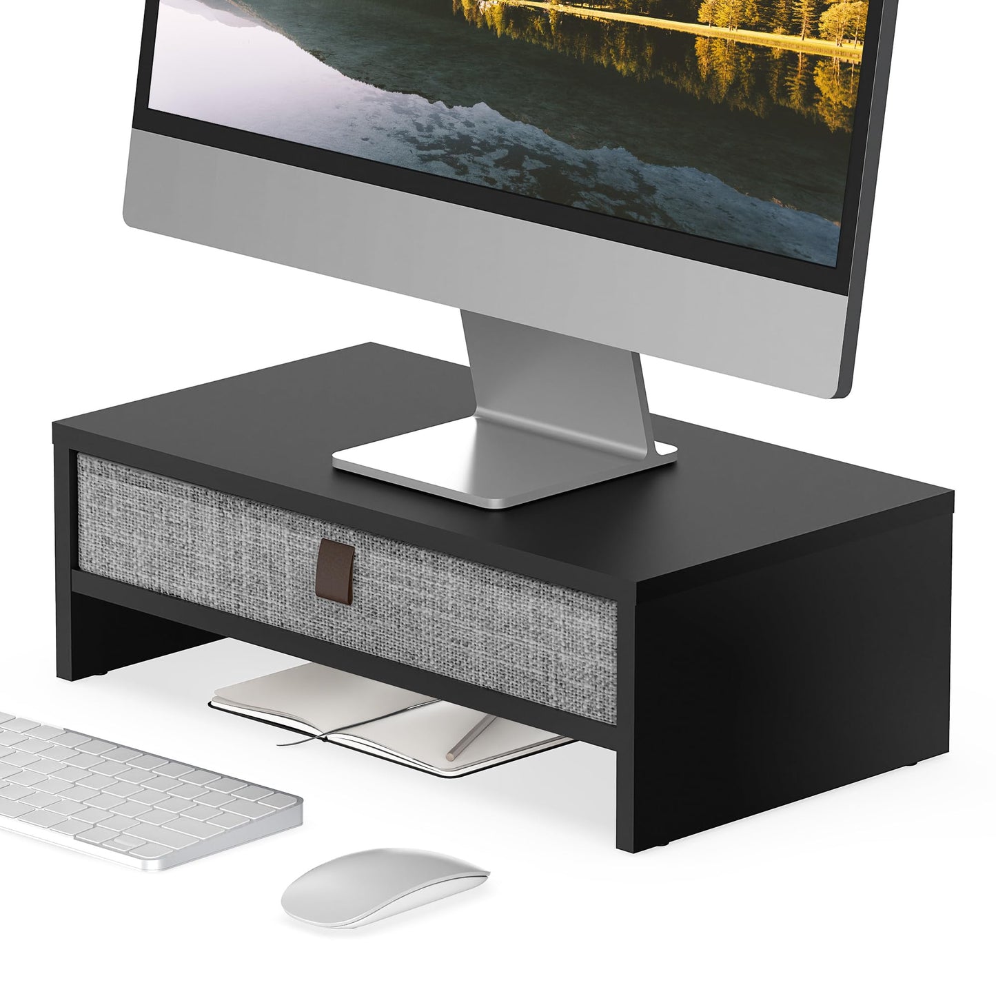 FENGE Computer Monitor Stand 16.7 inch 2 Tiers Laptop Riser with Drawer,Desk Organizer for Computer,Laptop,Screen,Printer,Black