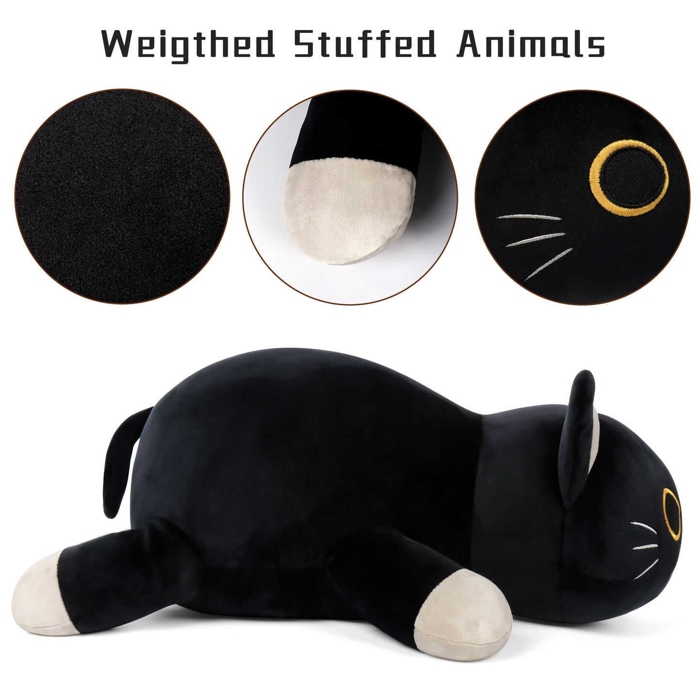 24" Black Cat Plush Weighted Stuffed Animals, 4.2lbs Weighted Black Cat Pillow Giant Cat Stuffed Animal Cuddle Plushies Gift for Kids Adults